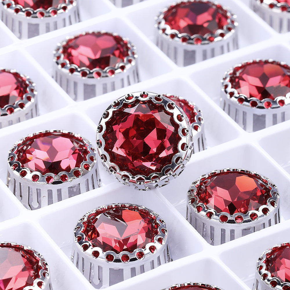 Rose Gemstone Flower Round Shape High-Quality Glass Sew-on Nest Hollow Claw Rhinestones