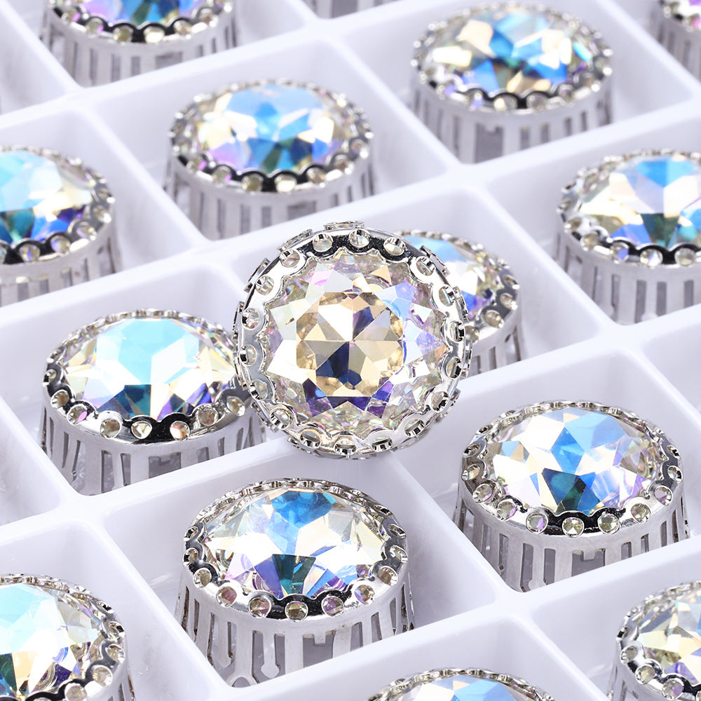 Moonlight Gemstone Flower Round Shape High-Quality Glass Sew-on Nest Hollow Claw Rhinestones WholesaleRhinestone