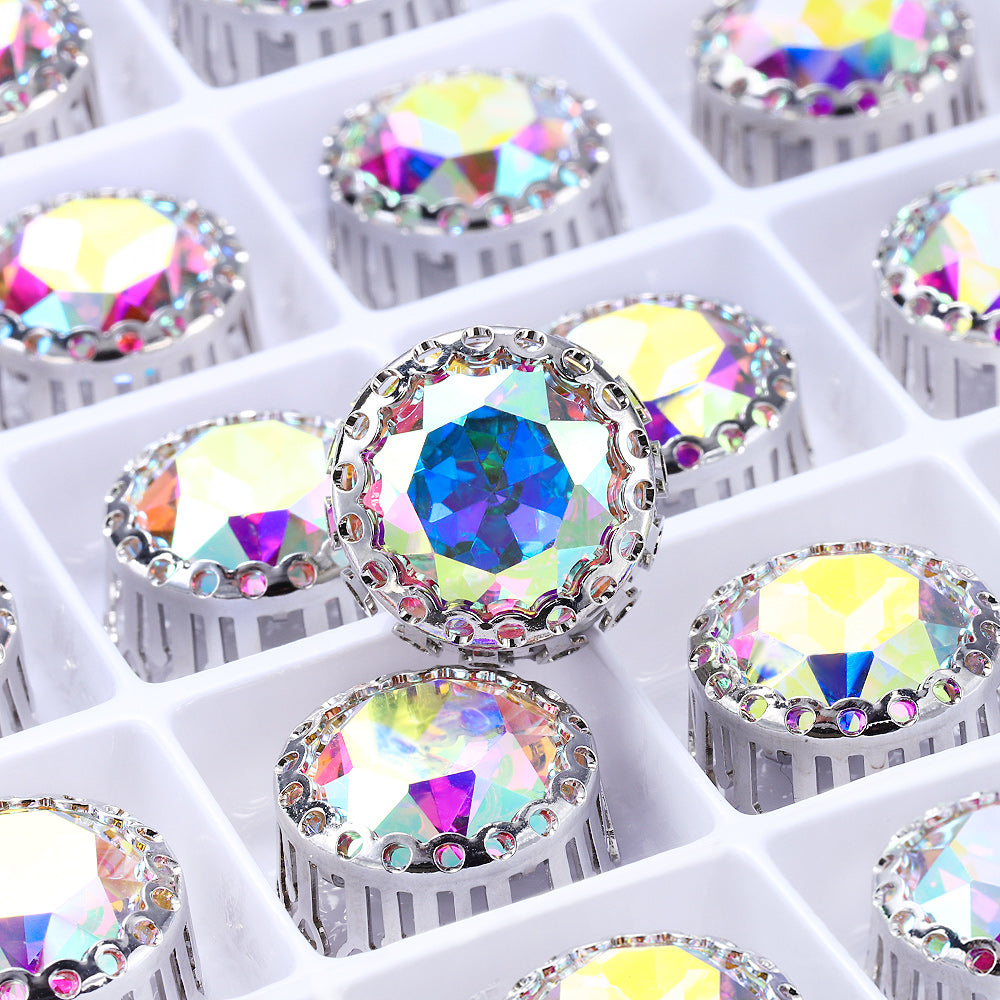 Crystal AB Gemstone Flower Round Shape High-Quality Glass Sew-on Nest Hollow Claw Rhinestones WholesaleRhinestone