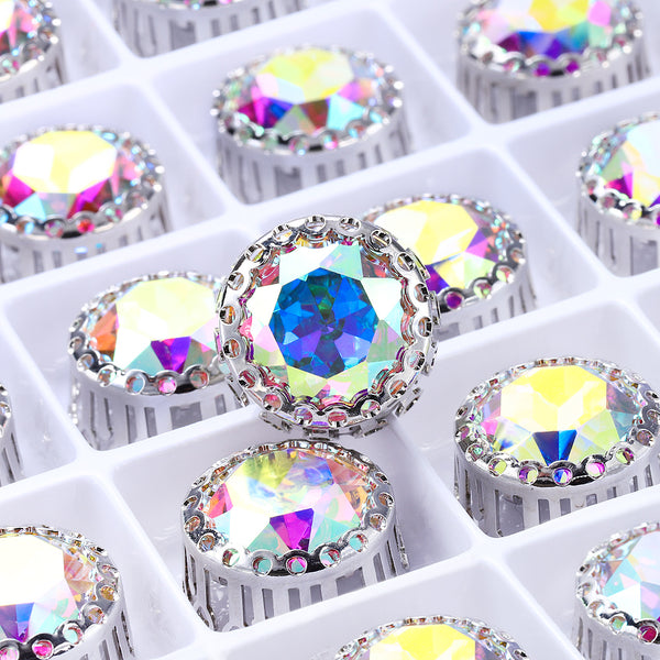 Crystal AB Gemstone Flower Round Shape High-Quality Glass Sew-on Nest Hollow Claw Rhinestones WholesaleRhinestone