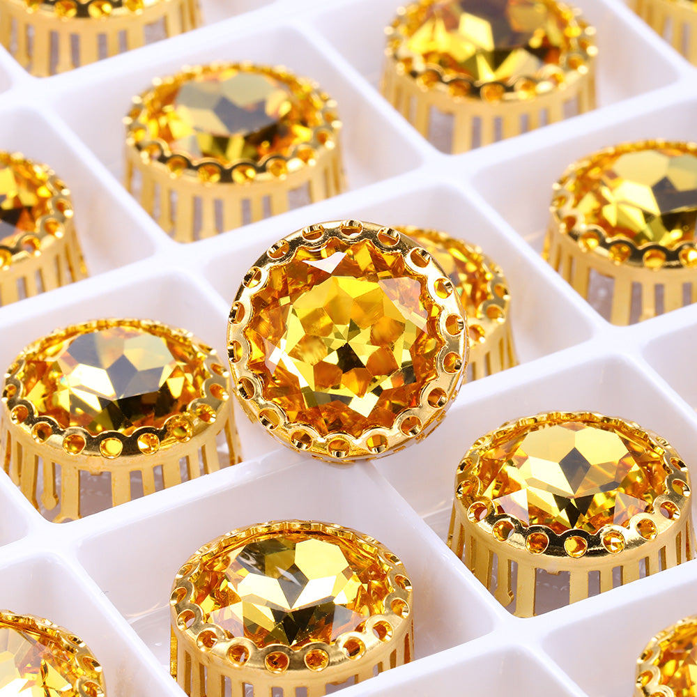 Light Topaz Gemstone Flower Round Shape High-Quality Glass Sew-on Nest Hollow Claw Rhinestones