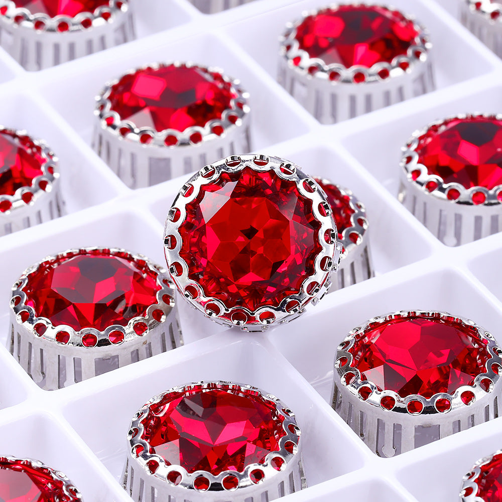 Light Siam Gemstone Flower Round Shape High-Quality Glass Sew-on Nest Hollow Claw Rhinestones WholesaleRhinestone