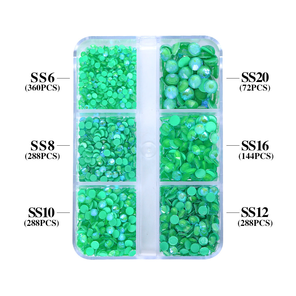 Mixed Sizes 6 Grid Box Mocha SS Green Glass FlatBack Rhinestones For Nail Art WholesaleRhinestone