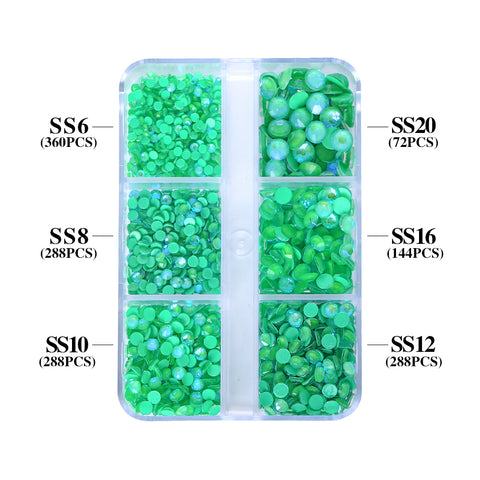 Mixed Sizes 6 Grid Box Mocha SS Green Glass FlatBack Rhinestones For Nail Art