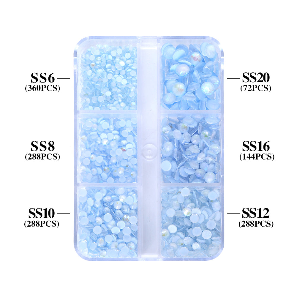 Mixed Sizes 6 Grid Box Mocha SS Light Blue Glass FlatBack Rhinestones For Nail Art