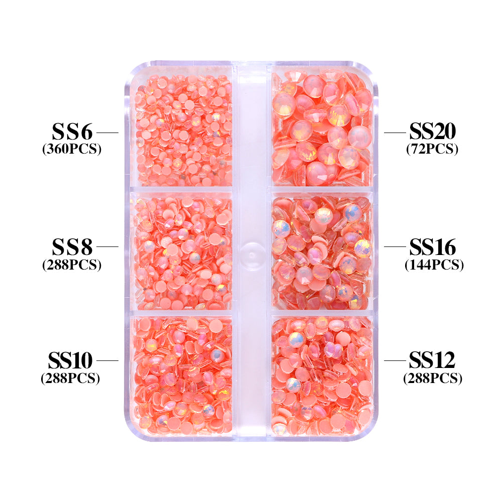 Mixed Sizes 6 Grid Box Mocha Opal Coral Reef Glass FlatBack Rhinestones For Nail Art