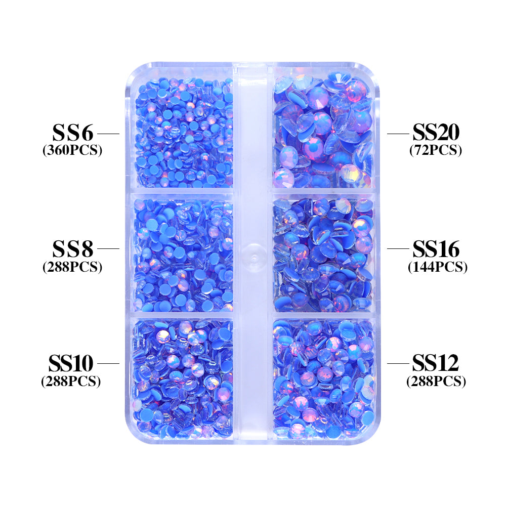 Mixed Sizes 6 Grid Box Mocha Opal Dk Blue Glass FlatBack Rhinestones For Nail Art