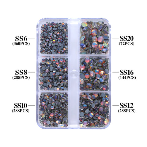 Mixed Sizes 6 Grid Box Mocha Opal Dk Gray Glass FlatBack Rhinestones For Nail Art