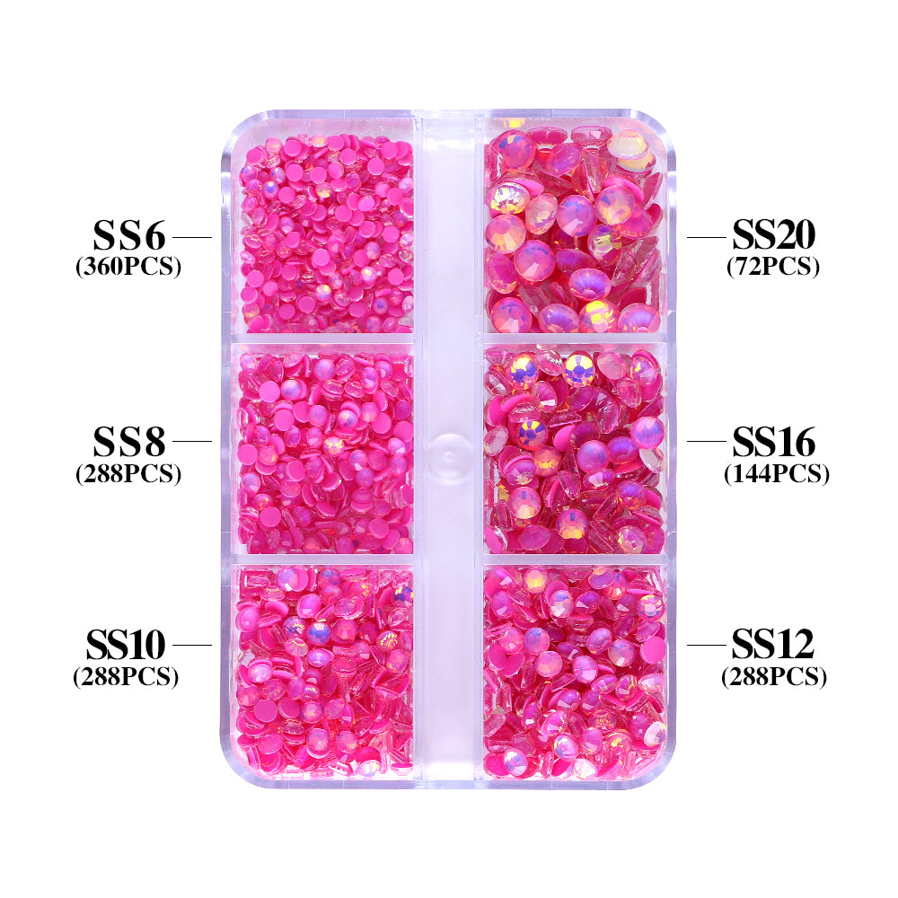 Mixed Sizes 6 Grid Box Mocha Opal Dk rose Glass FlatBack Rhinestones For Nail Art