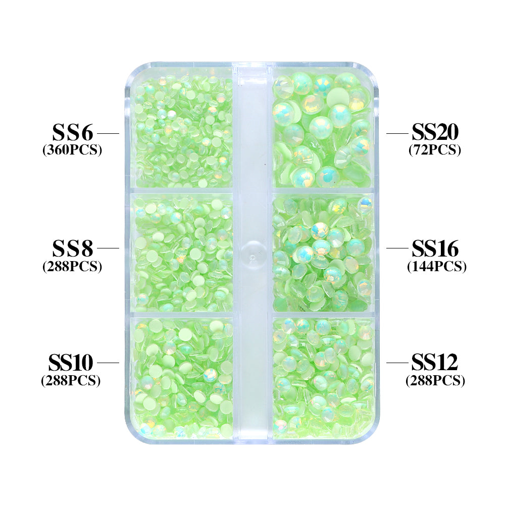 Mixed Sizes 6 Grid Box Mocha Opal Lt Green Glass FlatBack Rhinestones For Nail Art