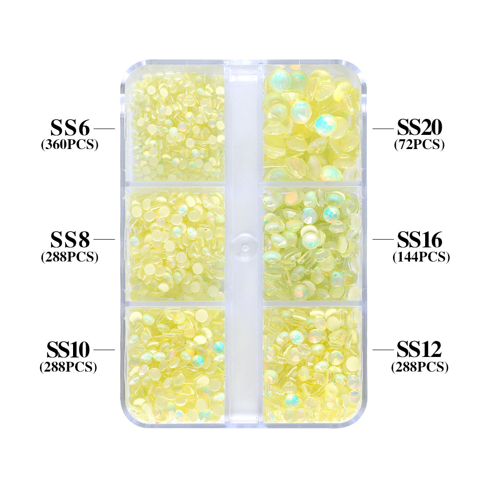 Mixed Sizes 6 Grid Box Mocha Opal Lt Yellow Glass FlatBack Rhinestones For Nail Art