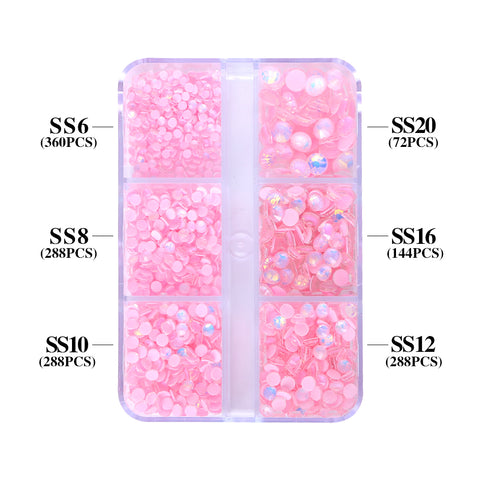 Mixed Sizes 6 Grid Box Mocha Opal Lt Pink Glass FlatBack Rhinestones For Nail Art