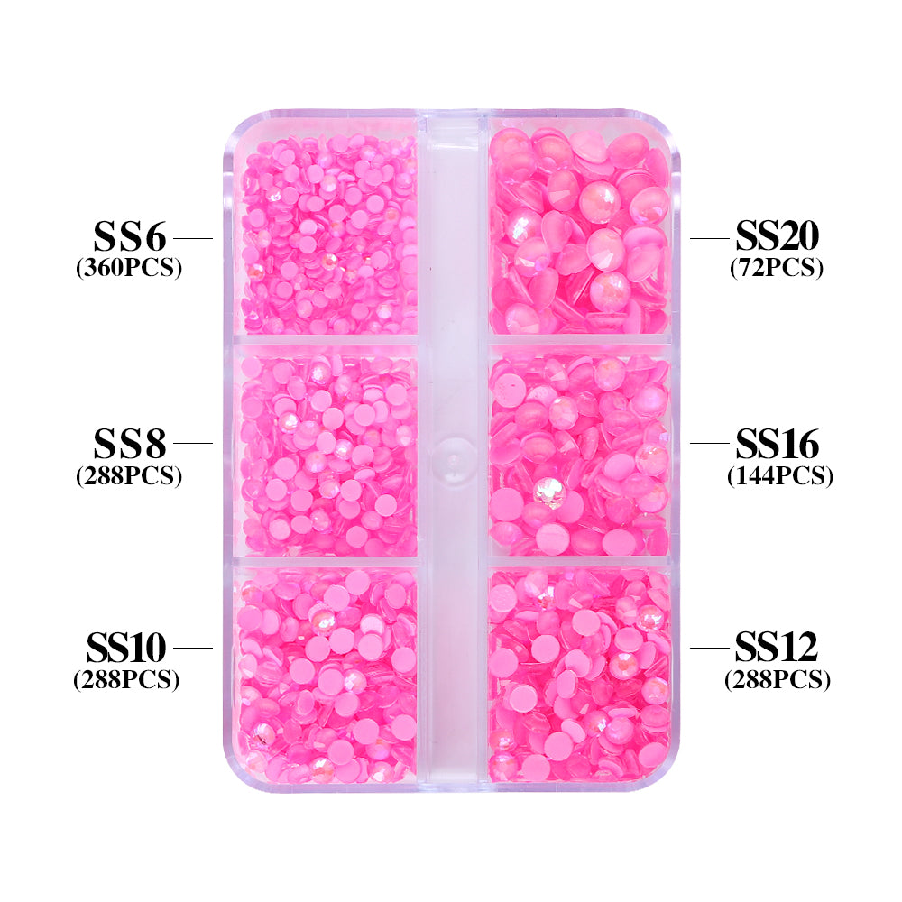 Mixed Sizes 6 Grid Box Mocha SS Pink Glass FlatBack Rhinestones For Nail Art