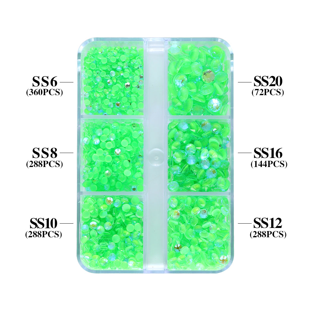 Mixed Sizes 6 Grid Box Mocha Shimmer Apple Green Glass FlatBack Rhinestones For Nail Art