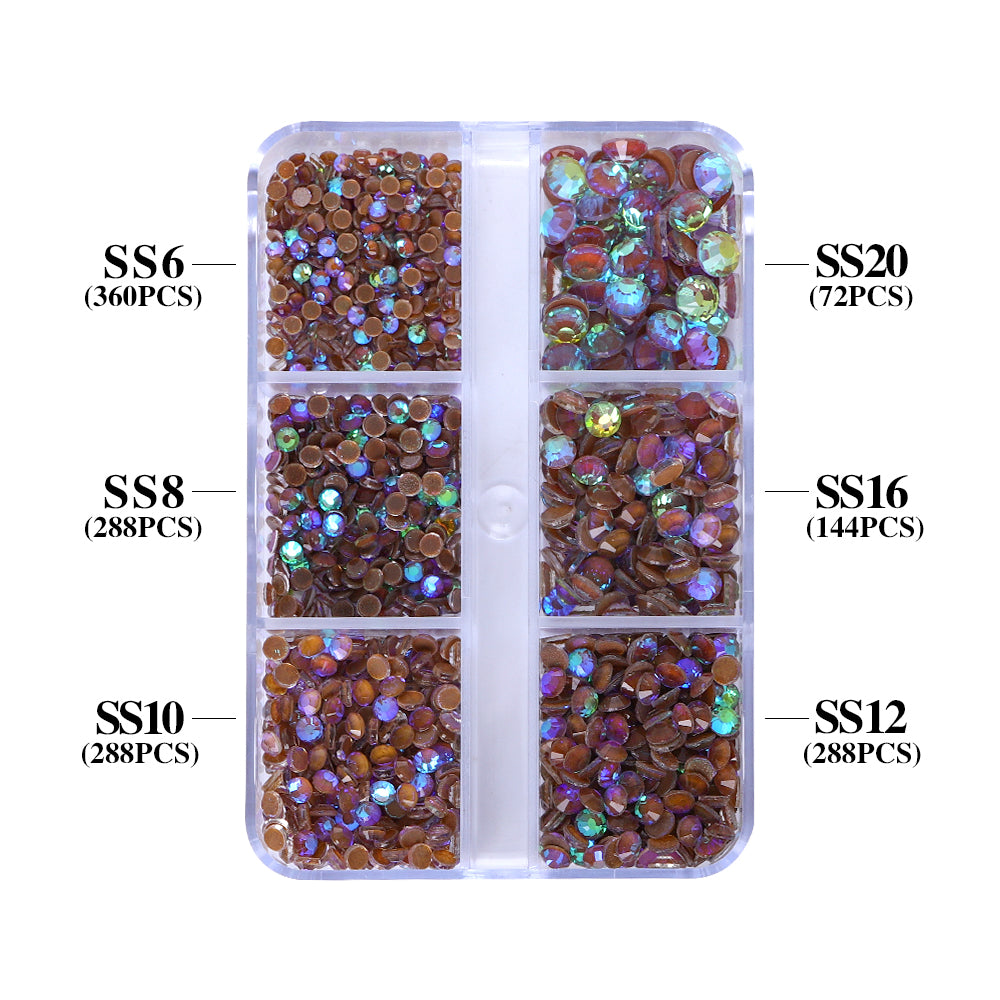 Mixed Sizes 6 Grid Box Mocha Shimmer Coffee Glass FlatBack Rhinestones For Nail Art