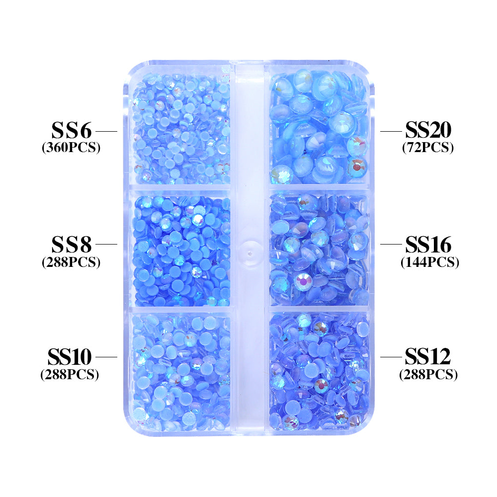 Mixed Sizes 6 Grid Box Mocha Shimmer Lt Blue Glass FlatBack Rhinestones For Nail Art
