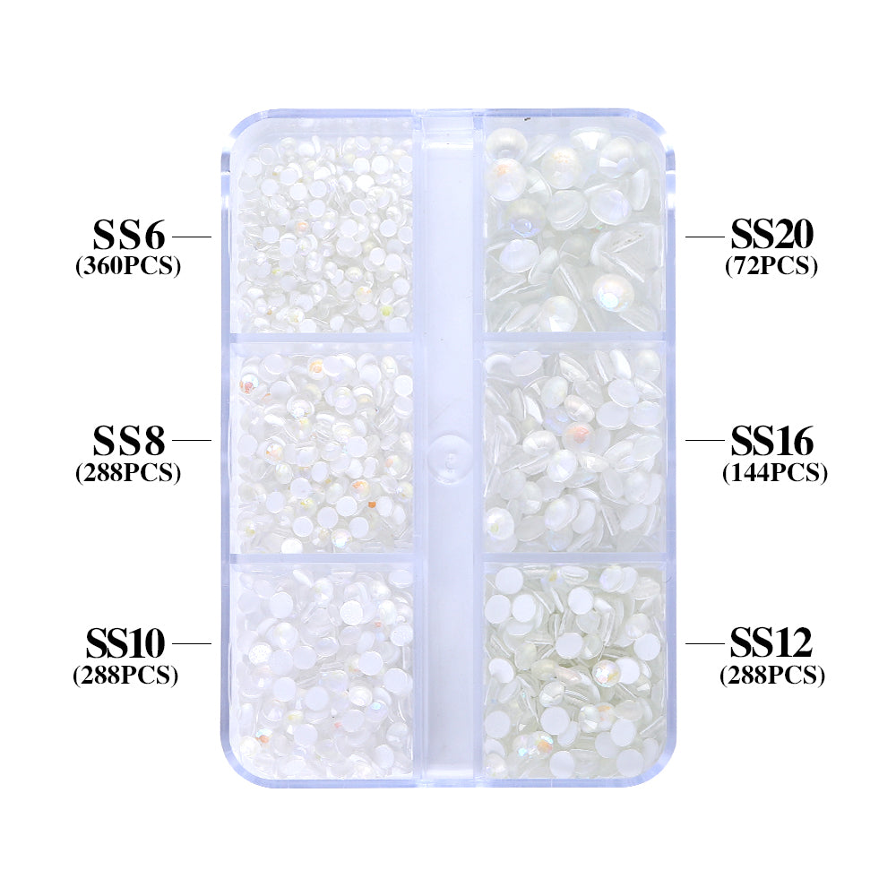 Mixed Sizes 6 Grid Box Mocha SS White Glass FlatBack Rhinestones For Nail Art