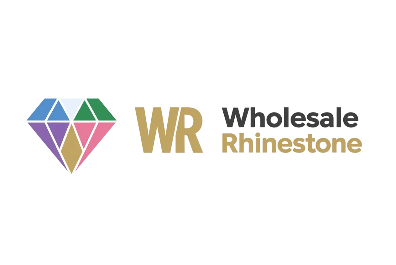 A logo banner for 'WR Wholesale Rhinestone' featuring a colorful geometric diamond icon on the left, with 'WR' in gold and 'Wholesale Rhinestone' in dark gray on a white background.
