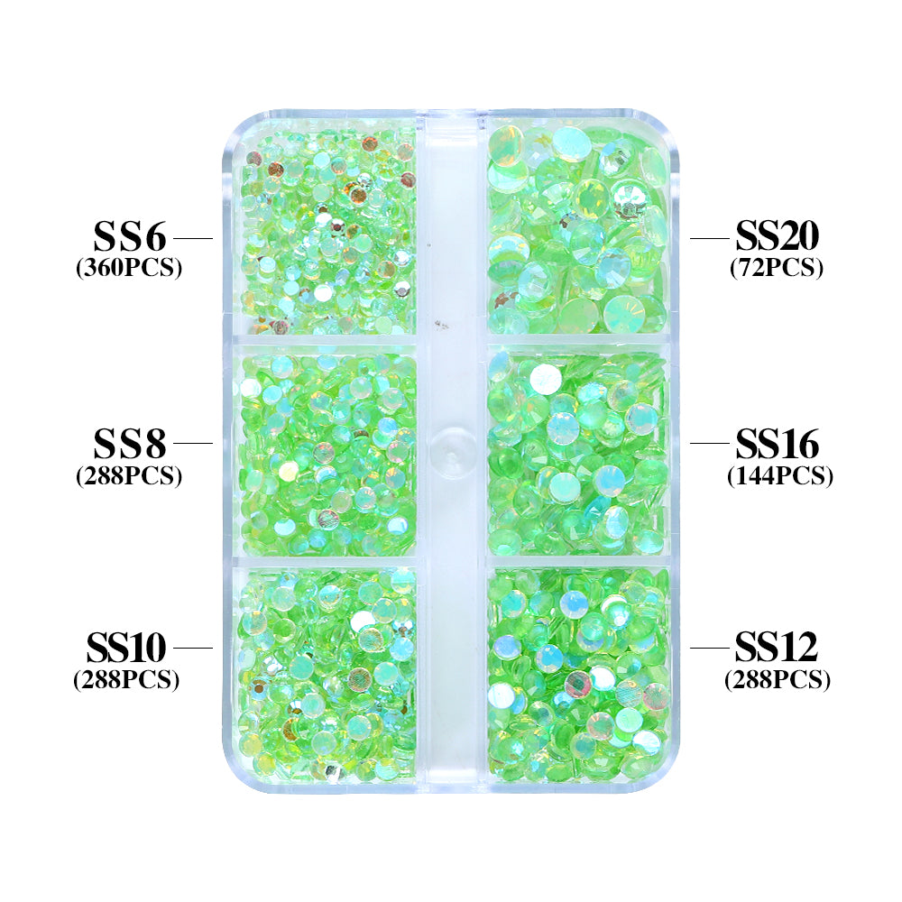 Mixed Sizes 6 Grid Box Aurora Light Green Unfoiled Glass FlatBack Rhinestones For Nail Art