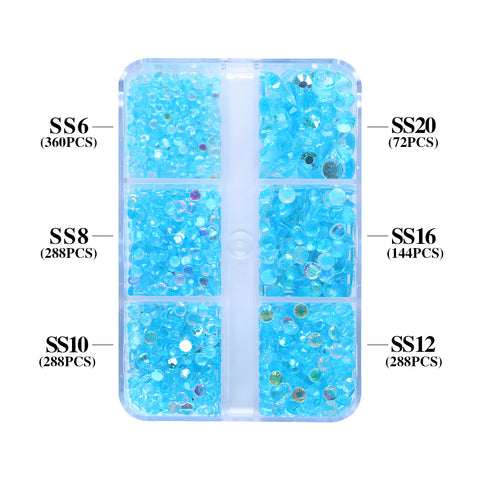 Mixed Sizes 6 Grid Box Aurora Aquamarine Unfoiled Glass FlatBack Rhinestones For Nail Art