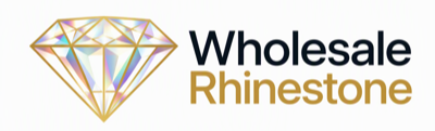 The logo for Wholesale Rhinestone, featuring a gold-outlined diamond icon on the left and the brand name on the right in black and gold text, set against a plain white background.
