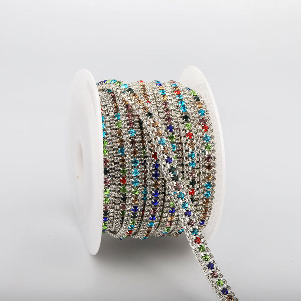 10 Yards Crystal & Mix Colors Rhinestones Close Cup Chain -  3 Rows Silver Base WholesaleRhinestone