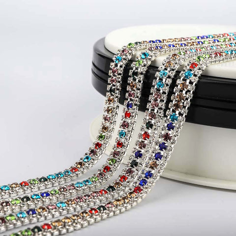 10 Yards Crystal & Mix Colors Rhinestones Close Cup Chain -  3 Rows Silver Base WholesaleRhinestone