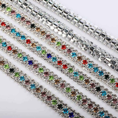 10 Yards Crystal & Mix Colors Rhinestones Close Cup Chain -  3 Rows Silver Base WholesaleRhinestone