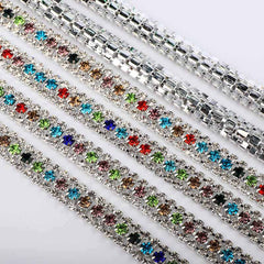 10 Yards Crystal & Mix Colors Rhinestones Close Cup Chain -  3 Rows Silver Base WholesaleRhinestone