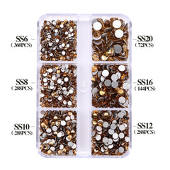 Mixed Sizes 6 Grid Box Light Colorado Topaz Glass FlatBack Rhinestones For Nail Art Silver Back