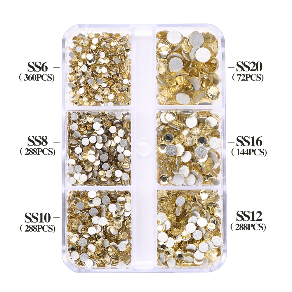 Mixed Sizes 6 Grid Box Light Yellow Glass FlatBack Rhinestones For Nail Art  Silver Back WholesaleRhinestone