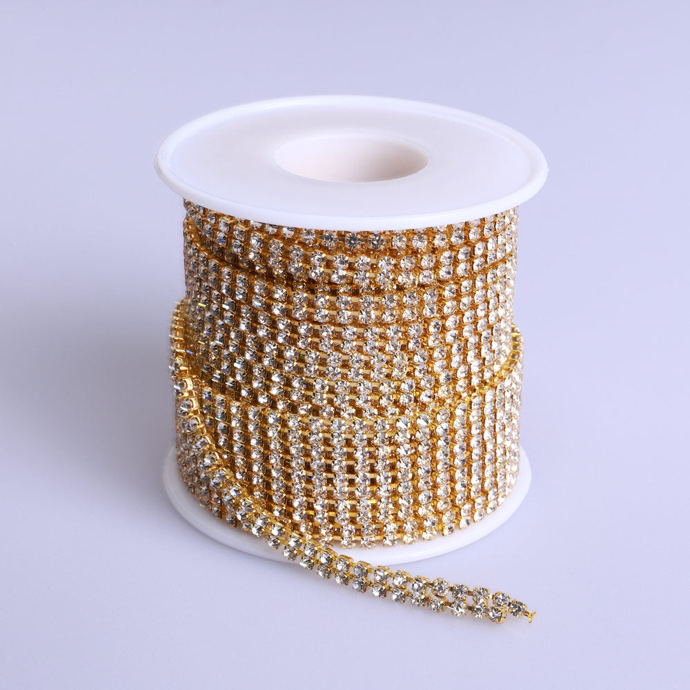 10 Yards Crystal Rhinestones Close Cup Chain -  2 Rows Golden Base WholesaleRhinestone