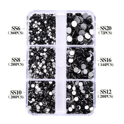 Mixed Sizes 6 Grid Box Black Glass FlatBack Rhinestones For Nail Art Silver Back