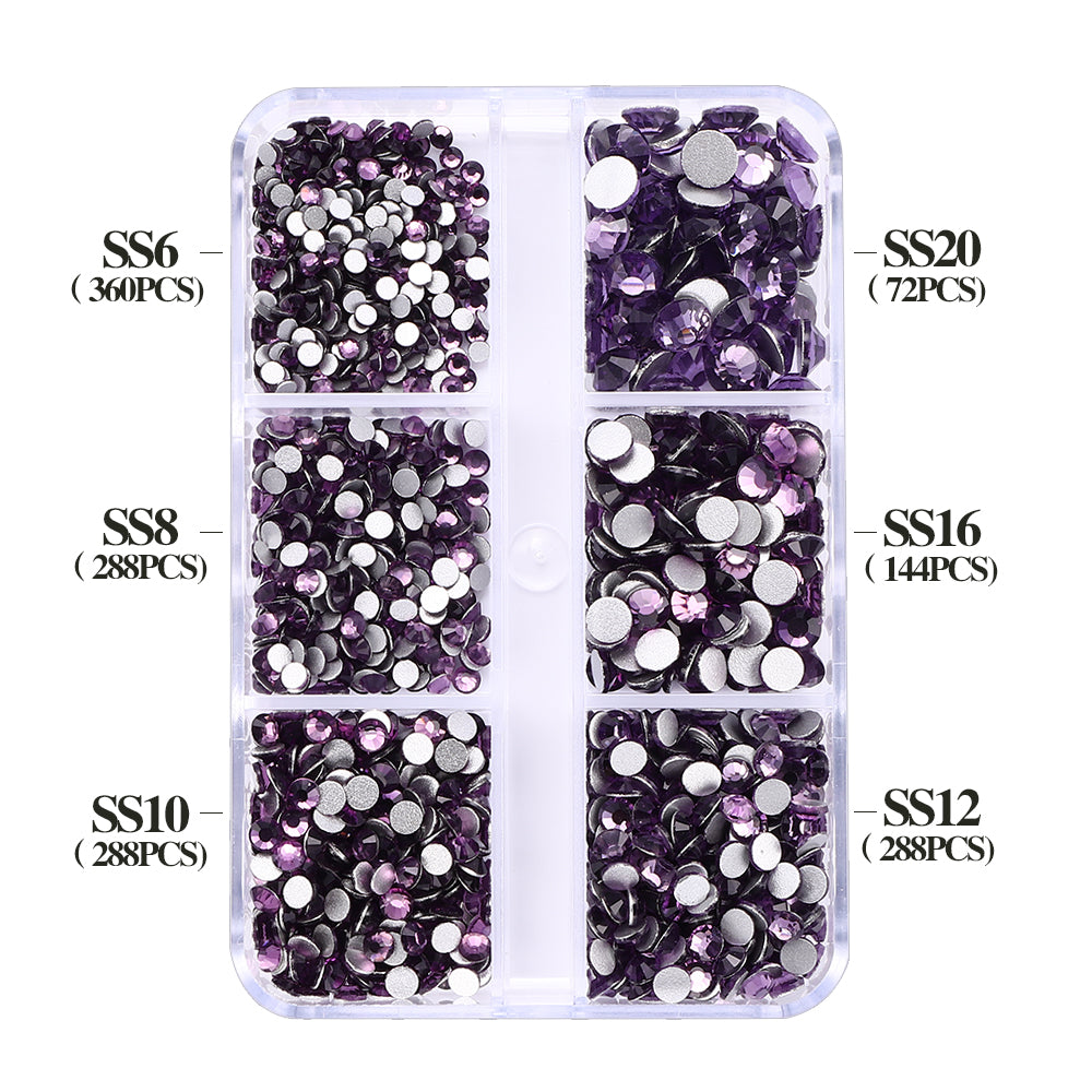 Mixed Sizes 6 Grid Box Tanzanite Glass FlatBack Rhinestones For Nail Art Silver Back