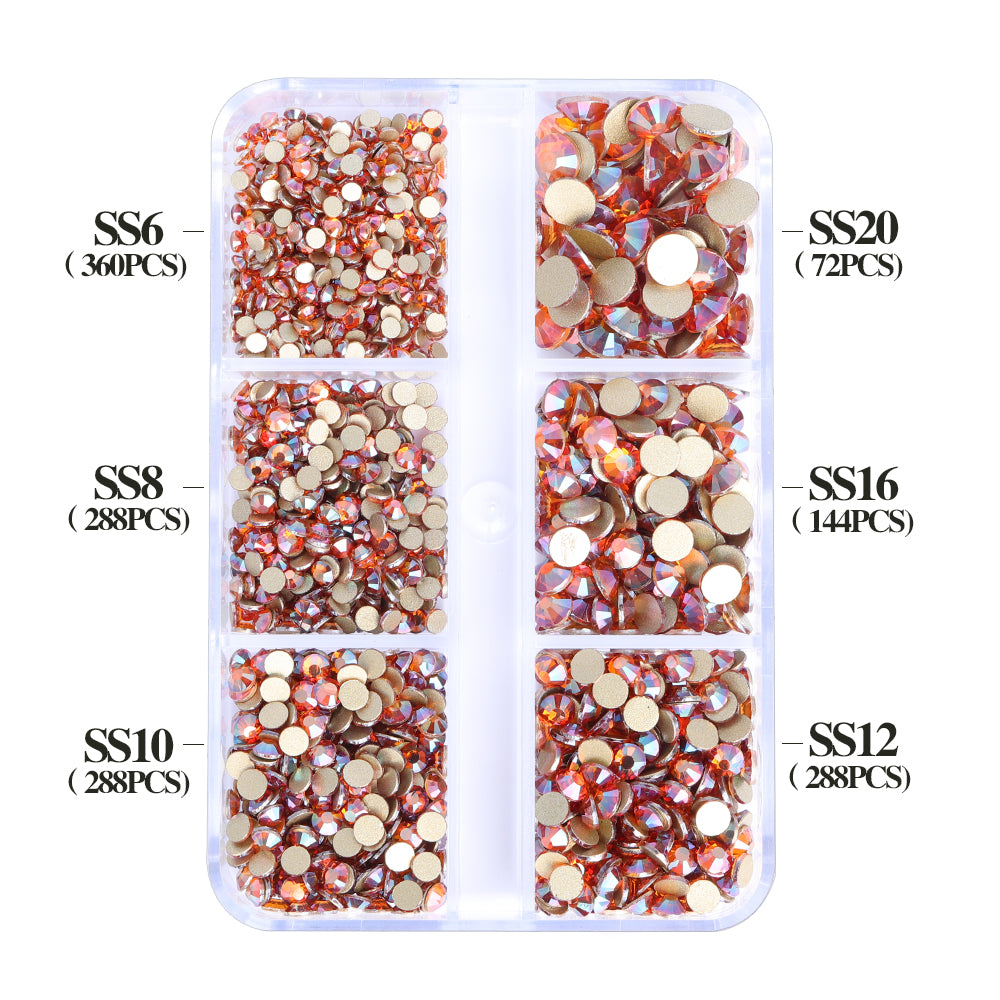 Mixed Sizes 6 Grid Box Amber Glass FlatBack Rhinestones For Nail Art Golden Back