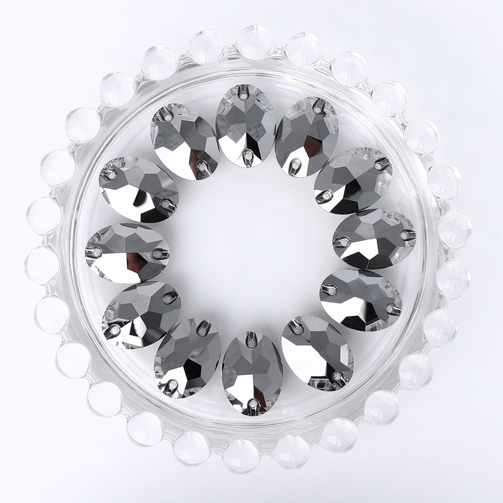 Jet Metallic Silver Oval Shape High Quality Glass Sew-on Rhinestones