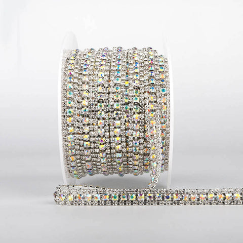 10 Yards Crystal & Crystal AB Rhinestones Close Cup Chain -  3 Rows Silver Base WholesaleRhinestone