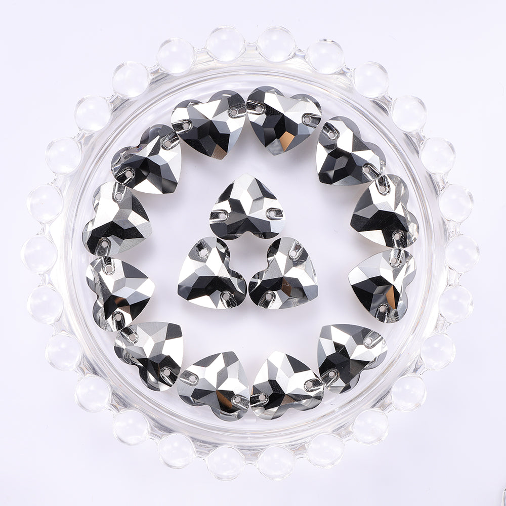 Jet Metallic Silver Heart Shape High Quality Glass Sew-on Rhinestones WholesaleRhinestone