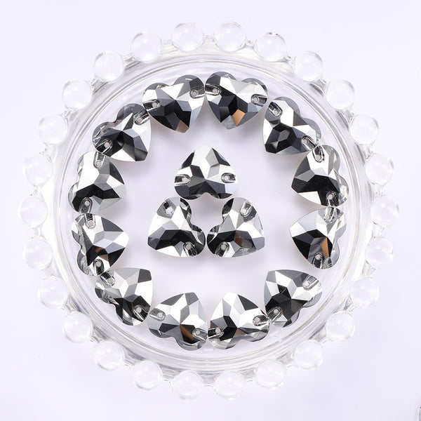 Jet Metallic Silver Heart Shape High Quality Glass Sew-on Rhinestones WholesaleRhinestone