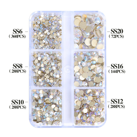 Mixed Sizes 6 Grid Box Blue Moonlight Glass FlatBack Rhinestones For Nail Art Golden Back