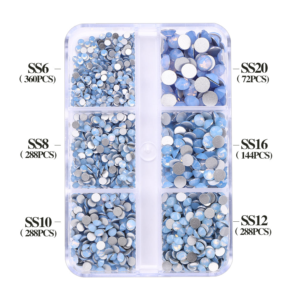 Mixed Sizes 6 Grid Box Blue Opal Glass FlatBack Rhinestones For Nail Art Silver Back