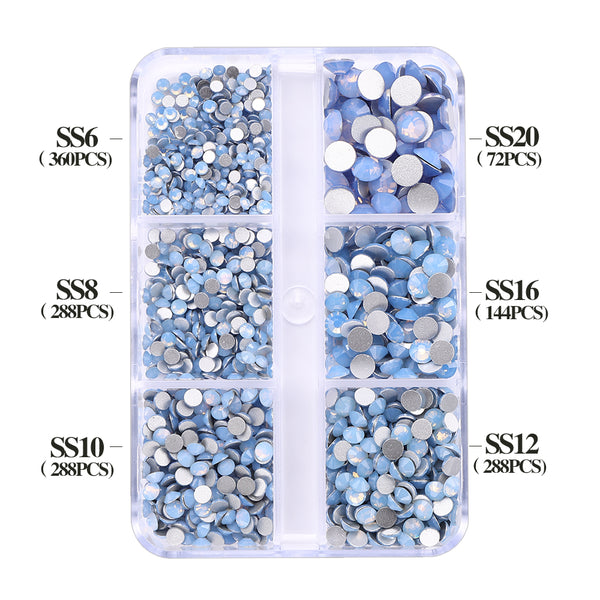 Mixed Sizes 6 Grid Box Blue Opal Glass FlatBack Rhinestones For Nail Art Silver Back WholesaleRhinestone