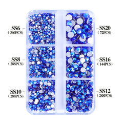 Mixed Sizes 6 Grid Box Sapphire AB Glass FlatBack Rhinestones For Nail Art  Silver Back