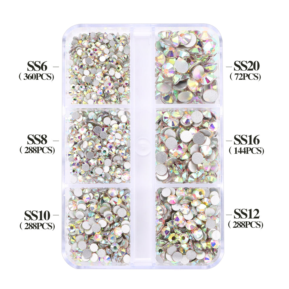 Mixed Sizes 6 Grid Box Crystal AB Glass FlatBack Rhinestones For Nail Art Silver Back