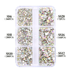 Mixed Sizes 6 Grid Box Crystal AB Glass FlatBack Rhinestones For Nail Art Silver Back