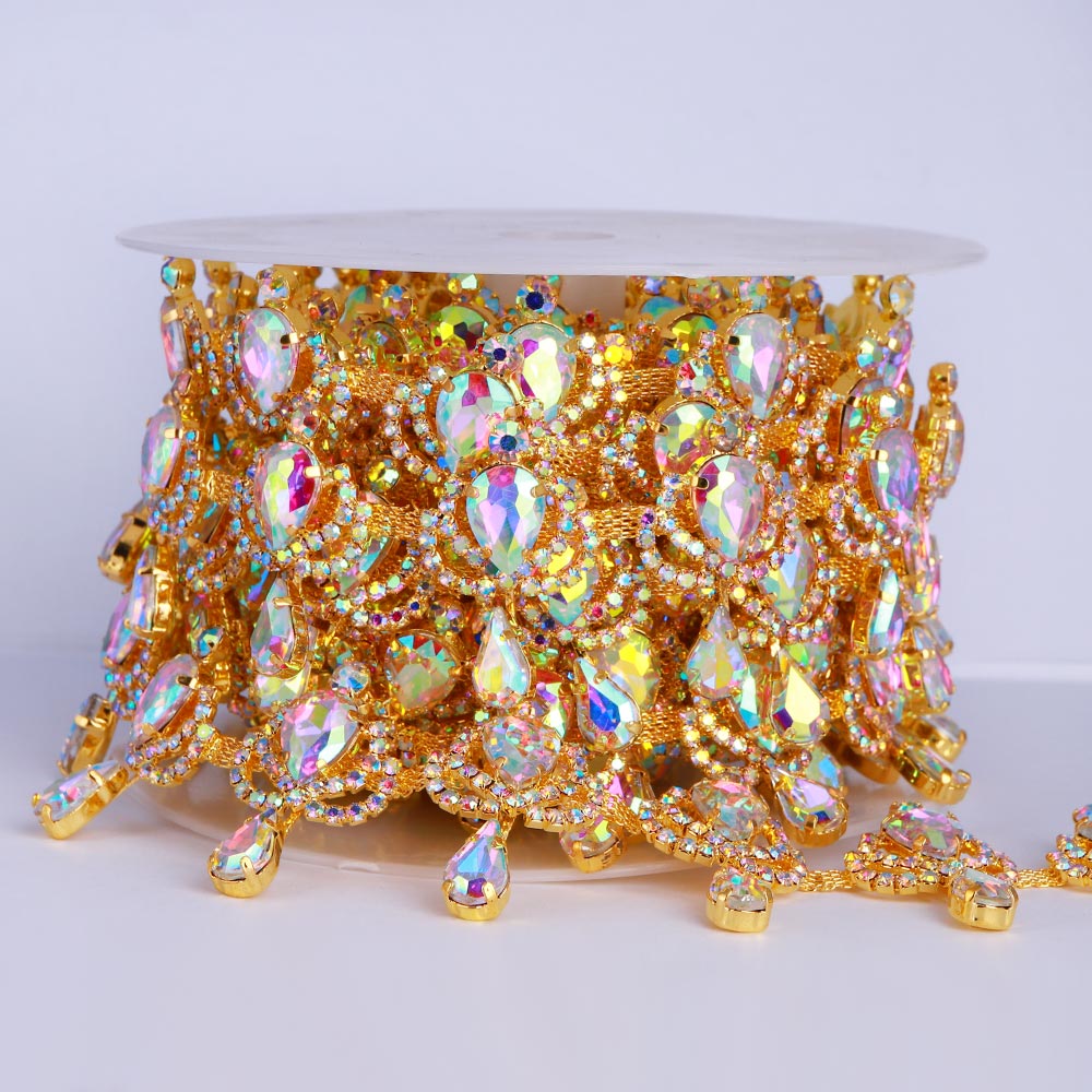 Sew-on Crystal AB Glass Raindrop Rhinestone Trim Chain Applique RA1189 WholesaleRhinestone