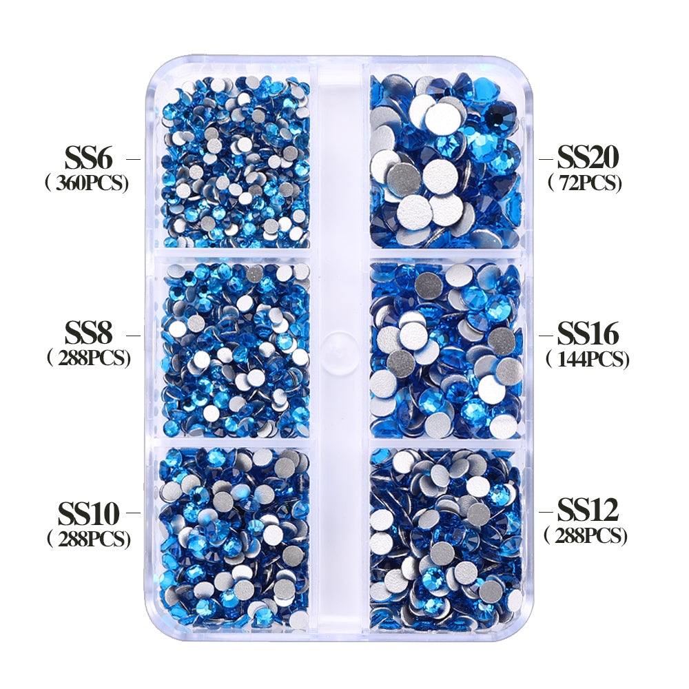 Mixed Sizes 6 Grid Box Capri Blue Glass FlatBack Rhinestones For Nail Art  Silver Back