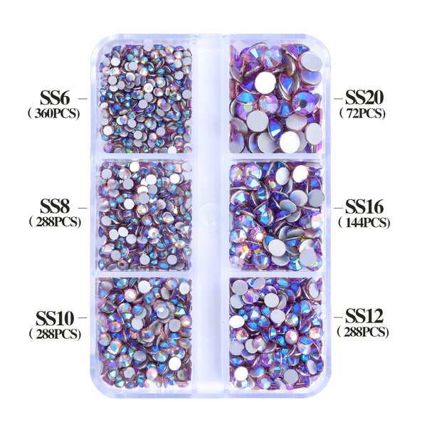 Mixed Sizes 6 Grid Box Light Amethyst AB Glass FlatBack Rhinestones For Nail Art Silver Back WholesaleRhinestone