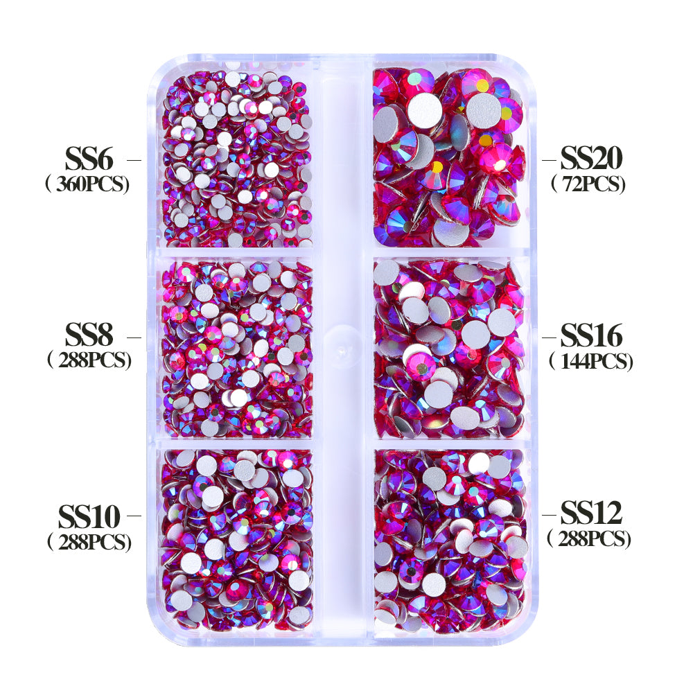 Mixed Sizes 6 Grid Box Siam AB Glass FlatBack Rhinestones For Nail Art Silver Back WholesaleRhinestone