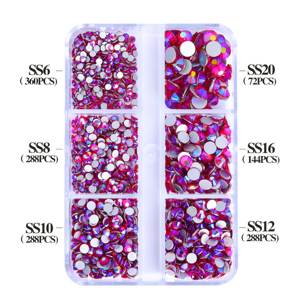 Mixed Sizes 6 Grid Box Siam AB Glass FlatBack Rhinestones For Nail Art Silver Back WholesaleRhinestone